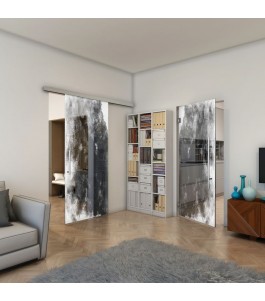 Glasschiebetür SLIM-LINE - Fineprint Model 061 Weiss auf Grauglas