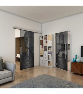 Glasschiebetür SLIM-LINE - Fineprint Model 124 Schwarz auf Grauglas