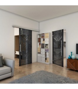 Glasschiebetür SLIM-LINE - Fineprint Model 156 Schwarz auf Grauglas