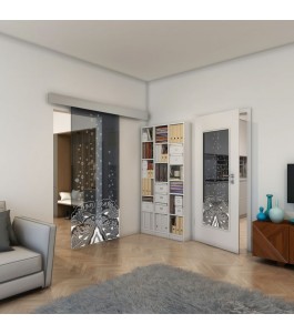 Glasschiebetür ECO-LINE - Fineprint Model 155 Weiss auf Grauglas