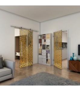 Ganzglastür - Fineprint Model 016 Gold auf Grauglas