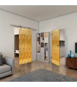 Ganzglastür - Fineprint Model 029 Gold auf Grauglas