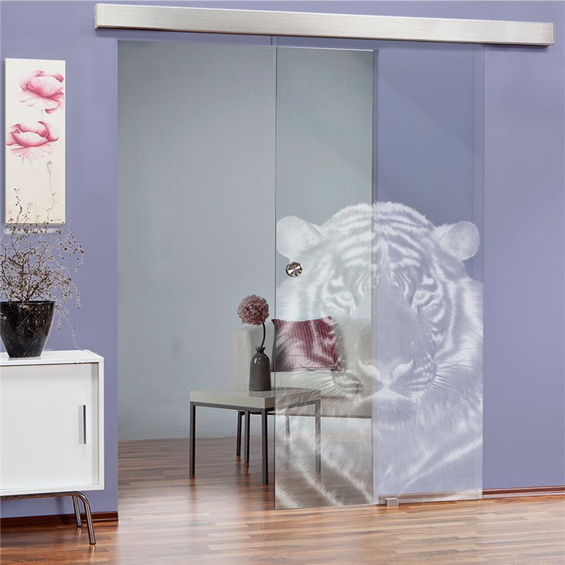 Glasschiebetür ECO-LINE Tigerkopf Gelasert Auf Klarglas Glasschiebetür ECO-LINE Tigerkopf Gelasert Auf Klarglas