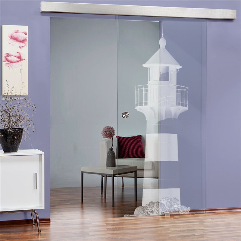 Glasschiebetür ECO-LINE Leuchtturm 2 Gelasert Auf Klarglas Glasschiebetür ECO-LINE Leuchtturm 2 Gelasert Auf Klarglas