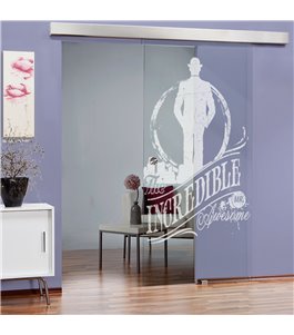 Glasschiebetür ECO-LINE Mr. Incredible Gelasert Auf Klarglas