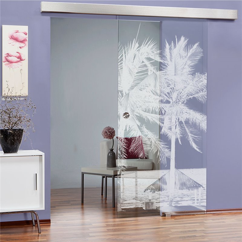 Glasschiebetür ECO-LINE Palmen II Gelasert Auf Klarglas Glasschiebetür ECO-LINE Palmen II Gelasert Auf Klarglas