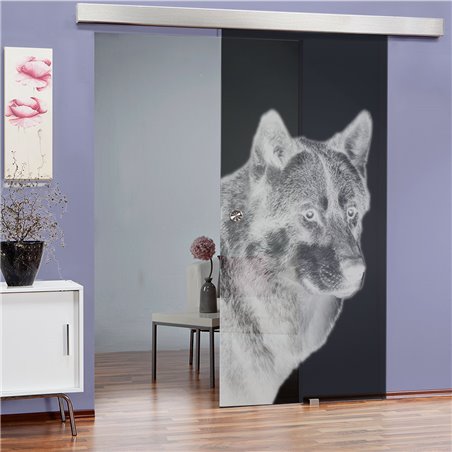 Glasschiebetür ECO-LINE Wolf 5 Gelasert Auf Grauglas