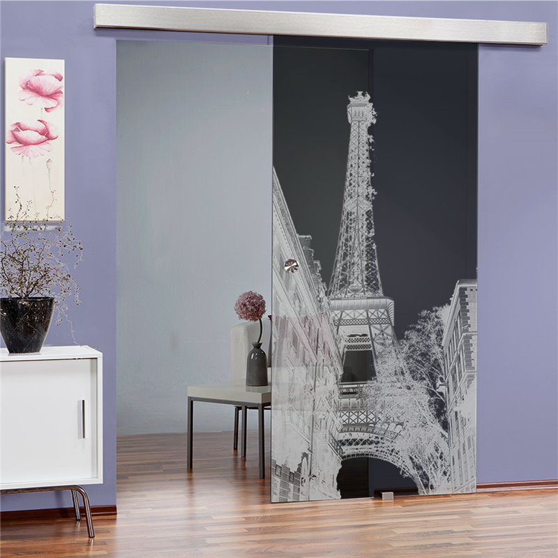 Glasschiebetür ECO-LINE Eifelturm 4 Gelasert Auf Grauglas Glasschiebetür ECO-LINE Eifelturm 4 Gelasert Auf Grauglas