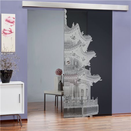 Glasschiebetür ECO-LINE Pagode II Gelasert Auf Grauglas