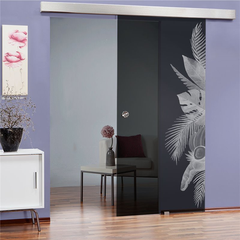 Glasschiebetür ECO-LINE Tropical I Gelasert Auf Grauglas Glasschiebetür ECO-LINE Tropical I Gelasert Auf Grauglas