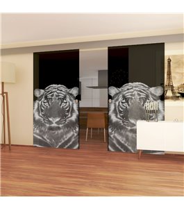 Glasschiebetür ECO-LINE Tigerkopf Gelasert Auf Grauglas