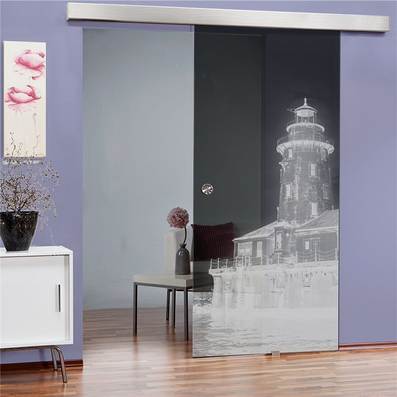 Glasschiebetür ECO-LINE Leuchtturm 5 Gelasert Auf Grauglas Glasschiebetür ECO-LINE Leuchtturm 5 Gelasert Auf Grauglas