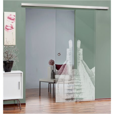 Glasschiebetür SLIM-LINE Treppe Gelasert Auf Klarglas