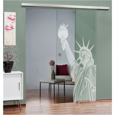 Glasschiebetür SLIM-LINE Freiheitsstatue Gelasert Auf Klarglas