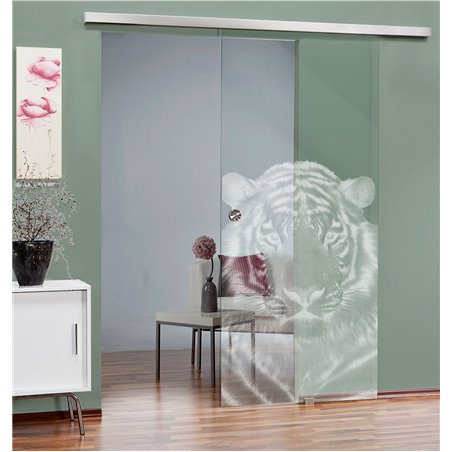 Glasschiebetür SLIM-LINE Tigerkopf Gelasert Auf Klarglas