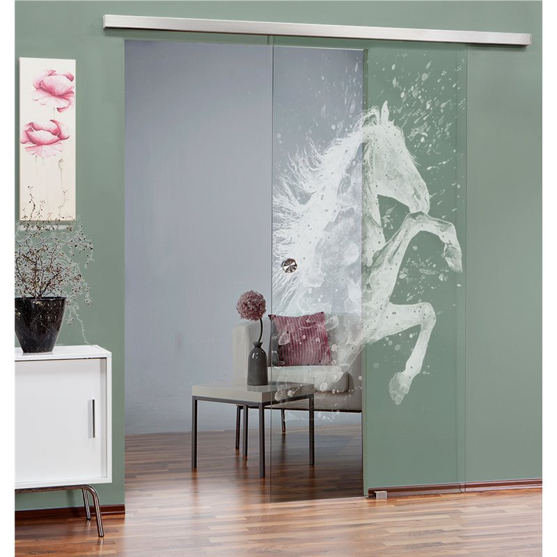 Glasschiebetür SLIM-LINE flying Horse Gelasert Auf Klarglas Glasschiebetür SLIM-LINE flying Horse Gelasert Auf Klarglas