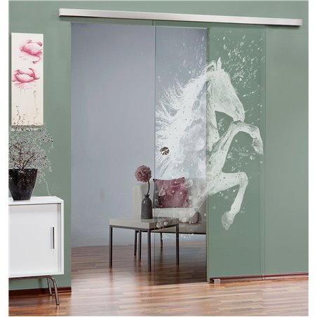 Glasschiebetür SLIM-LINE flying Horse Gelasert Auf Klarglas