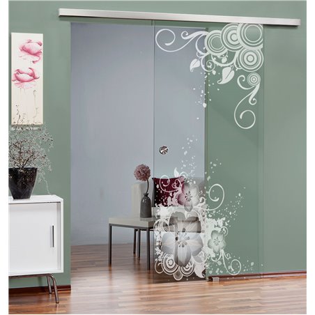 Glasschiebetür SLIM-LINE Blume 11 Gelasert Auf Klarglas