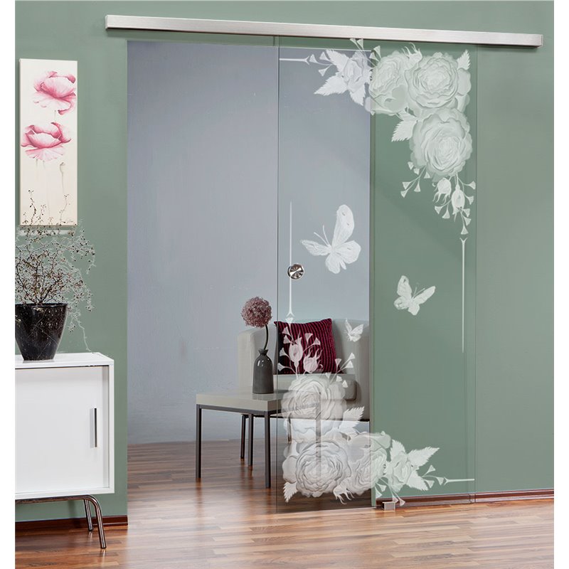 Glasschiebetür SLIM-LINE Blume 5 Gelasert Auf Klarglas Glasschiebetür SLIM-LINE Blume 5 Gelasert Auf Klarglas