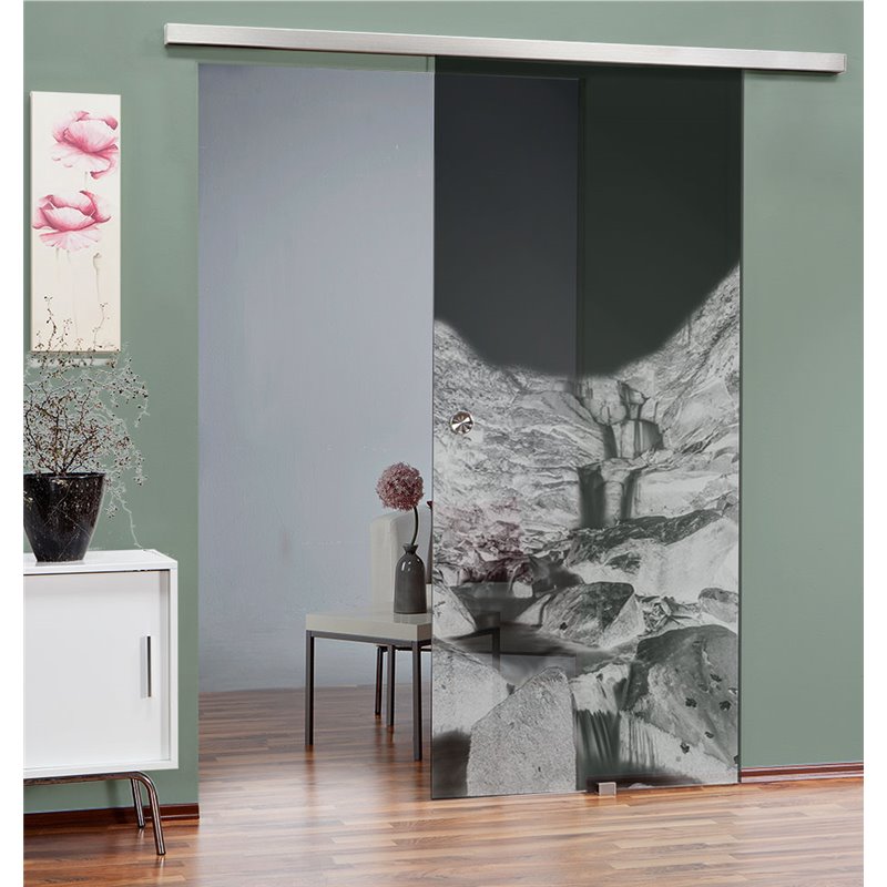 Glasschiebetür SLIM-LINE Wasserfall Gelasert Auf Grauglas Glasschiebetür SLIM-LINE Wasserfall Gelasert Auf Grauglas