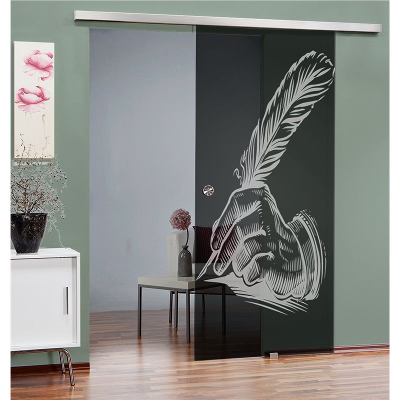 Glasschiebetür SLIM-LINE Sign Gelasert Auf Grauglas Glasschiebetür SLIM-LINE Sign Gelasert Auf Grauglas