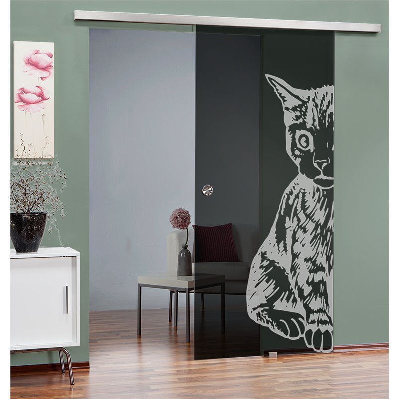 Glasschiebetür SLIM-LINE Katze Gelasert Auf Grauglas Glasschiebetür SLIM-LINE Katze Gelasert Auf Grauglas
