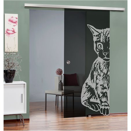 Glasschiebetür SLIM-LINE Katze Gelasert Auf Grauglas