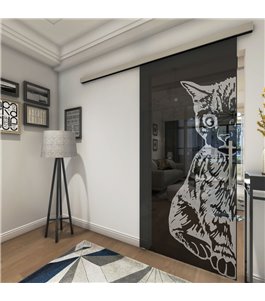 Glasschiebetür SLIM-LINE Katze Gelasert Auf Grauglas