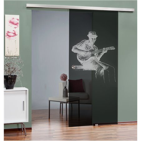 Glasschiebetür SLIM-LINE Gitarist Gelasert Auf Grauglas