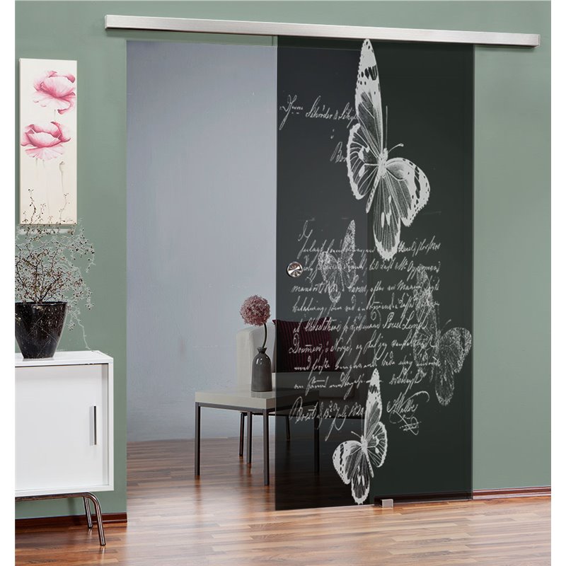 Glasschiebetür SLIM-LINE Vintage Butterfly Gelasert Auf Grauglas Glasschiebetür SLIM-LINE Vintage Butterfly Gelasert Auf Grauglas