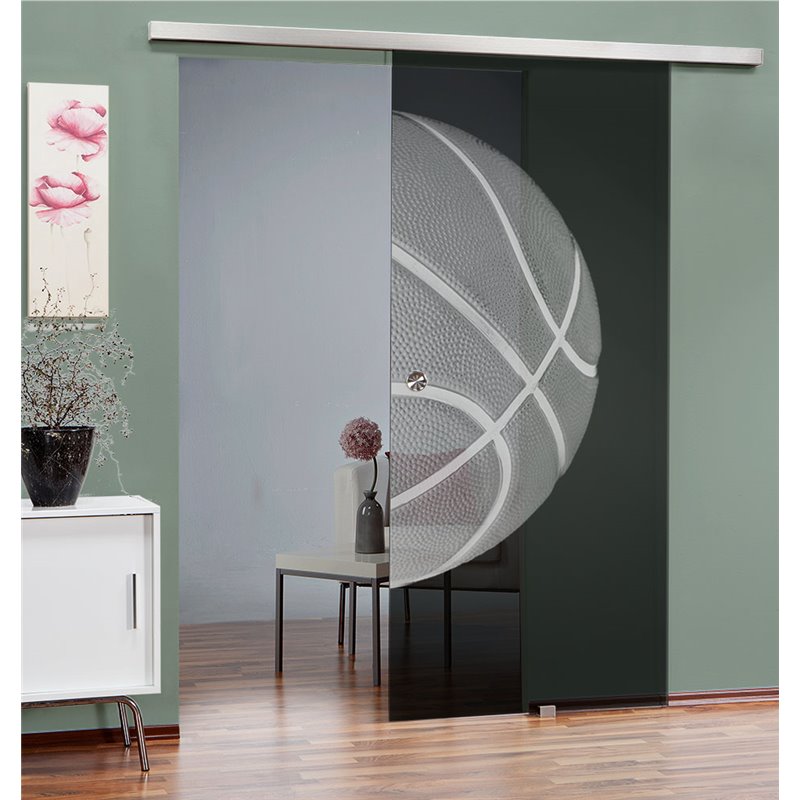Glasschiebetür SLIM-LINE Basketball Gelasert Auf Grauglas Glasschiebetür SLIM-LINE Basketball Gelasert Auf Grauglas