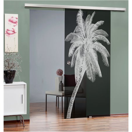 Glasschiebetür SLIM-LINE Palme Gelasert Auf Grauglas