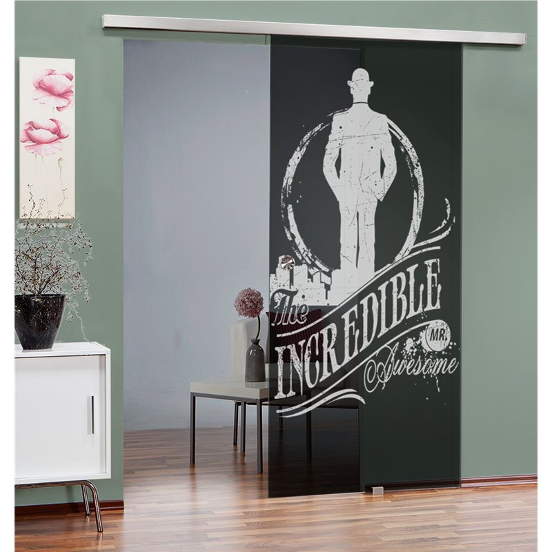 Glasschiebetür SLIM-LINE Mr. Incredible Gelasert Auf Grauglas Glasschiebetür SLIM-LINE Mr. Incredible Gelasert Auf Grauglas