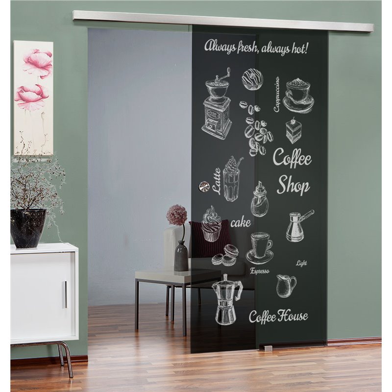 Glasschiebetür SLIM-LINE Coffee Shop Gelasert Auf Grauglas Glasschiebetür SLIM-LINE Coffee Shop Gelasert Auf Grauglas