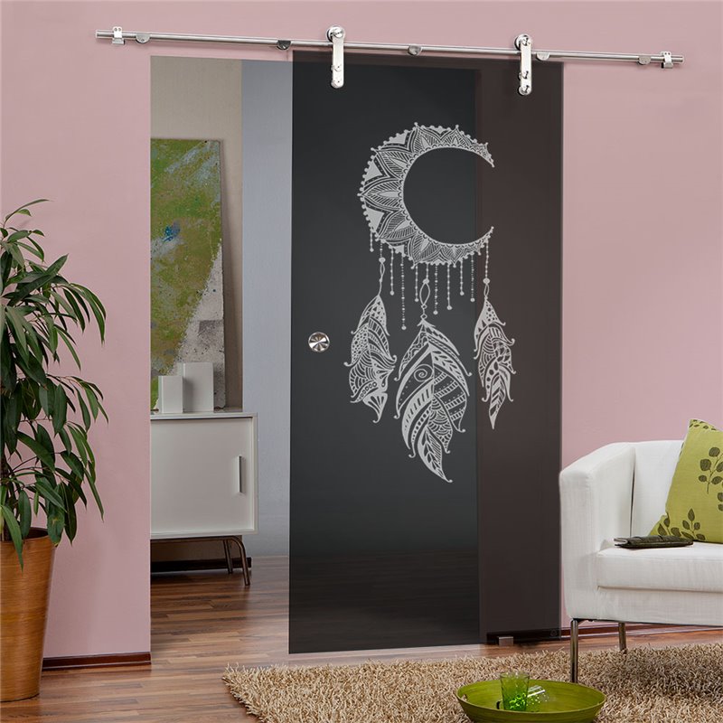 Glasschiebetür PIPE-LINE Dreamcatcher Gelasert Auf Grauglas Glasschiebetür PIPE-LINE Dreamcatcher Gelasert Auf Grauglas