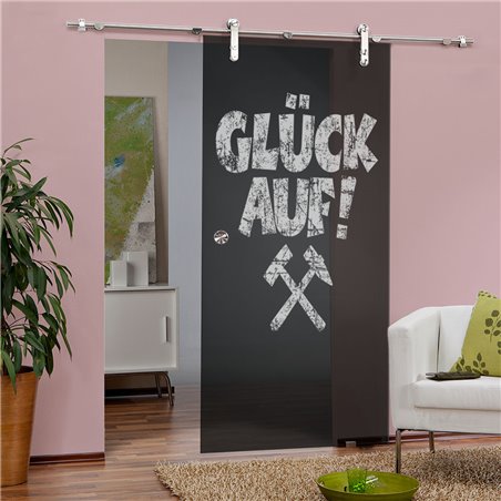 Glasschiebetür PIPE-LINE Glück Auf Gelasert Auf Grauglas