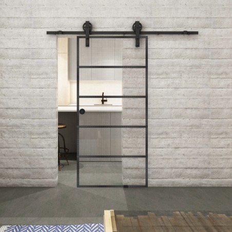 Glasschiebetür BARN-LINE Loft Schwarzeisen Genietet 01 Auf Klarglas