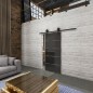 Glasschiebetür BARN-LINE Loft Rosteisen Genietet 01 Auf Grauglas Glasschiebetür BARN-LINE Loft Rosteisen Genietet 01 Auf Grauglas