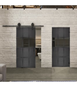 Glasschiebetür BARN-LINE Loft Schwarzeisen Genietet 32 Auf Grauglas