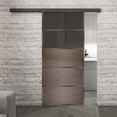 Glasschiebetür BLACK-LINE Loft Rosteisen Genietet 13 Auf Grauglas