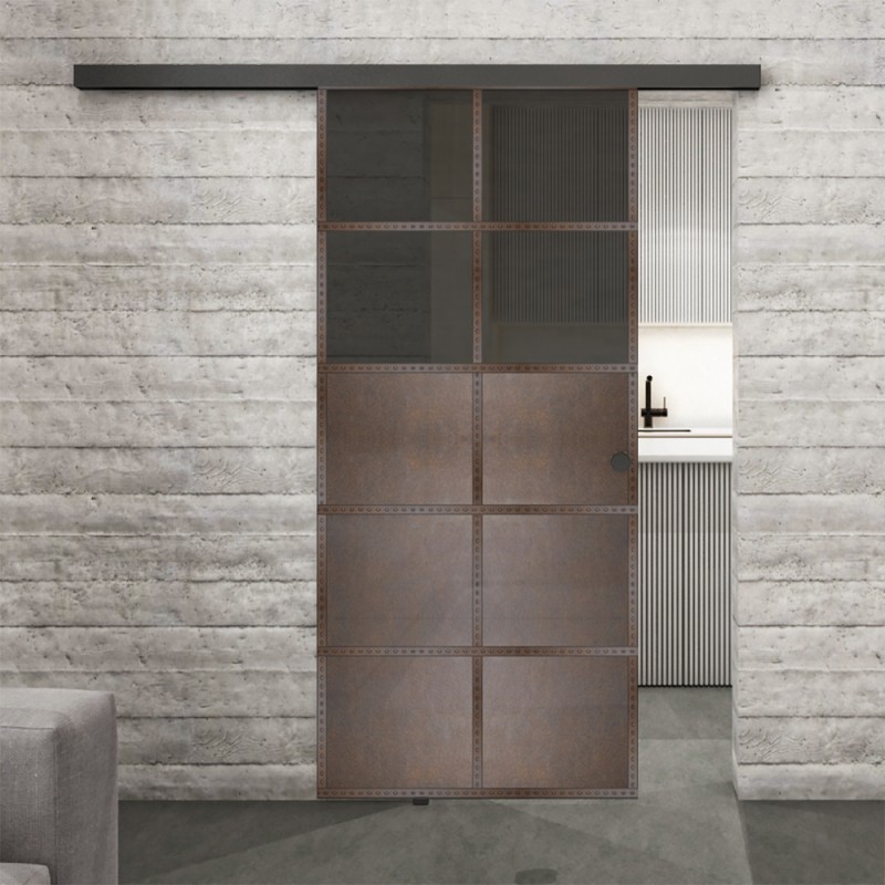 Glasschiebetür BLACK-LINE Loft Rosteisen Genietet 17 Auf Grauglas