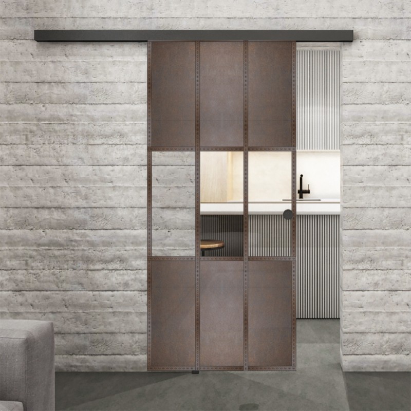 Glasschiebetür BLACK-LINE Loft Rosteisen Genietet 33 Auf Klarglas Glasschiebetür BLACK-LINE Loft Rosteisen Genietet 33 Auf Klarglas