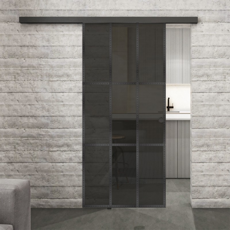 Glasschiebetür BLACK-LINE Loft Schwarzeisen Genietet 11 Auf Grauglas
