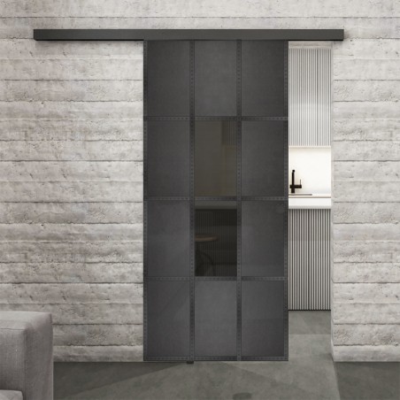 Glasschiebetür BLACK-LINE Loft Schwarzeisen Genietet 35 Auf Grauglas
