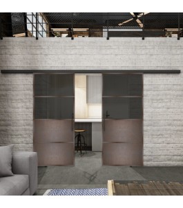 Glasschiebetür BLACK-LINE Loft Rosteisen Genietet 14 Auf Grauglas