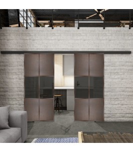 Glasschiebetür BLACK-LINE Loft Rosteisen Genietet 30 Auf Grauglas