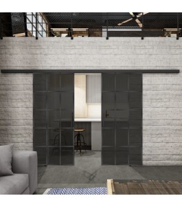 Glasschiebetür BLACK-LINE Loft Schwarzeisen Genietet 09 Auf Grauglas