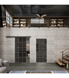 Glasschiebetür BLACK-LINE Loft Rosteisen Genietet 09 Auf Grauglas