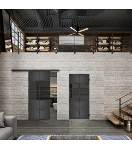 Glasschiebetür BLACK-LINE Loft Schwarzeisen Genietet 28 Auf Grauglas