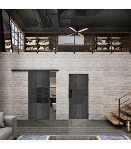 Glasschiebetür BLACK-LINE Loft Schwarzeisen Genietet 33 Auf Grauglas